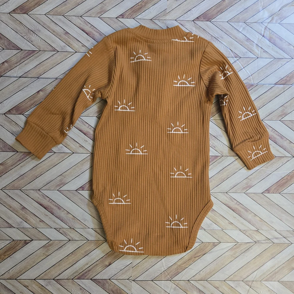 Baby Boy Girl Sun Print Ribbed Long Sleeve Onesie Pants Beanie Lounge Set 12-18M
